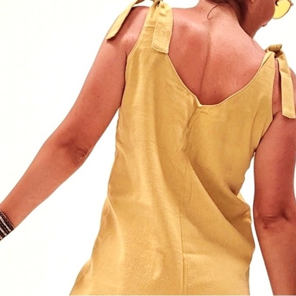 Boho Mustard Linen Jumpsuit S/M | Handmade Floral Patch Wide Leg Hippie Overall - Picture 9 of 15